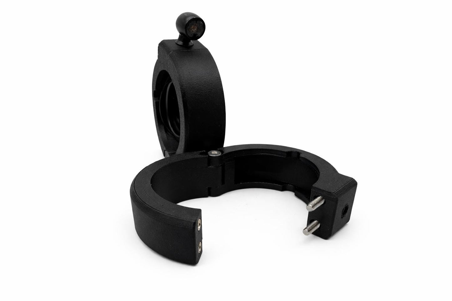 Black metal clamp on a white background