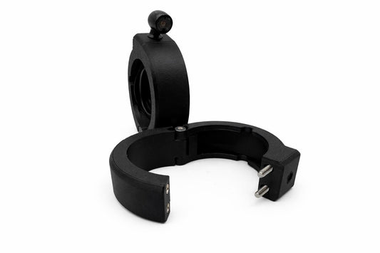 Black metal clamp on a white background